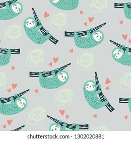 Seamless pattern with cartoon style cute sloths. Wallpaper, fabrick decor, nursery textile pattern, kids clothes design.