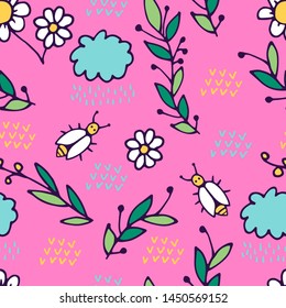 Seamless pattern in cartoon style. Depicted branches, flowers, bees, chamomile, clouds