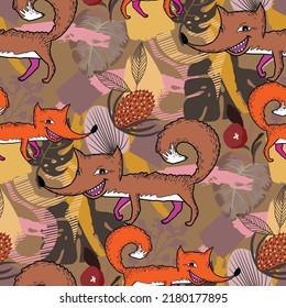 Seamless pattern in cartoon style. Fox in the autumn forest. Suitable for fabric, mural, wrapping paper and the like.