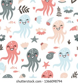 Nahtlose Muster im Cartoon-Stil mit lustigen Tintenfischen, Muscheln und Meerespflanzen in Vektorgrafik. Tapete, Textilien, Hintergrund-Füllung für Kinder.