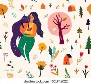 Seamless pattern  in cartoon style with girl, cat, trees and flowers