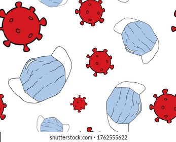 Seamless pattern in cartoon style hand-drawn. Face masks and virus cells on a white background. Doodle background. Coronavirus around us.