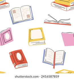 Patrón sin foco con libros multicolores al estilo de las caricaturas. Repitiendo la impresión para la escuela, biblioteca, librería.