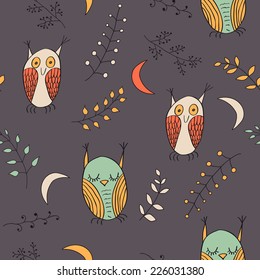 Seamless pattern with cartoon style owls.