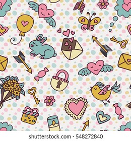 Seamless pattern in cartoon style in pastel colors for Valentines Day.