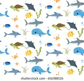 Seamless pattern with cartoon style sea creatures on white.