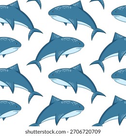 Seamless pattern of cartoon style shark swimming on a white background for marine and ocean summer design.