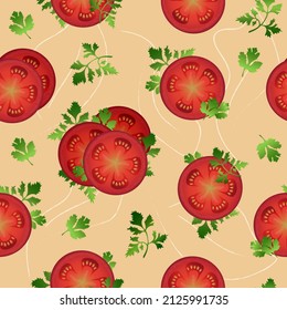 Nahtloses Muster im Cartoon-Stil mit Scheiben aus Tomate und grüner Petersilie auf gelbem Hintergrund. Gesunde Lebensmittel, Bio, vegetarisches Konzept mit Gemüse und Kräutern. Vektorgrafik EPS10