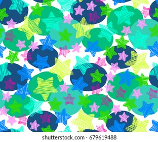Seamless pattern in cartoon style with stars and polka dot. Colorful seamless texture for children, vector.