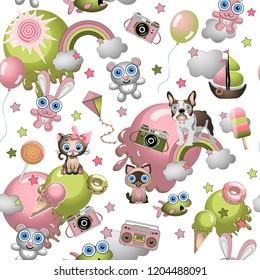 Seamless pattern in the cartoon style with toys, pets, sweets, ice cream, balloons. Child concept wallpaper texture.