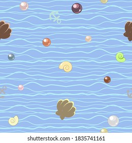 seamless pattern in cartoon style with waves, pearls and anchors, vector illustration