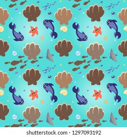 seamless pattern in cartoon style which draws fish and other marine life