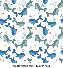 seamless pattern in cartoon style which draws whales and anchors and pearls