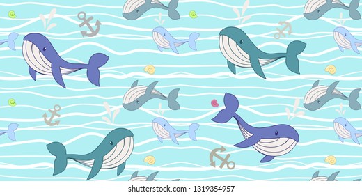 seamless pattern in cartoon style which draws whales and seashells