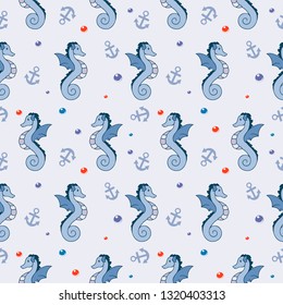 seamless pattern in cartoon style which draws sea horses and pearls and anchors