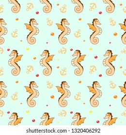 seamless pattern in cartoon style which draws sea horses and anchors and pearls