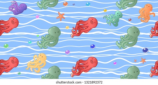 seamless pattern in cartoon style which draws octopus and pearls and sea stars