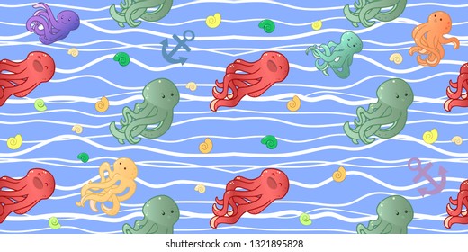 seamless pattern in cartoon style which draws octopus and shells and anchors