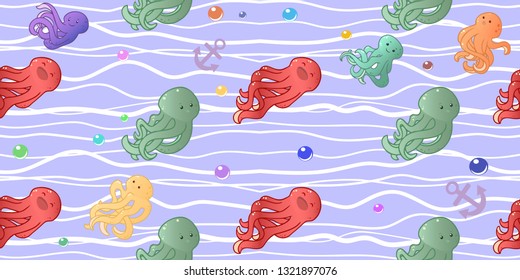 seamless pattern in cartoon style which draws octopus and pearls and anchors