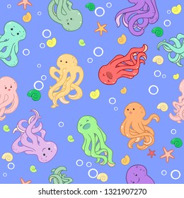 seamless pattern in cartoon style which draws octopus and sea stars and shells and air bubbles