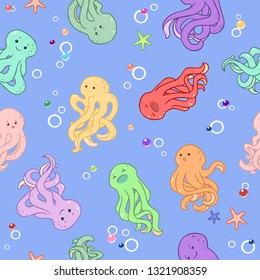 seamless pattern in cartoon style which draws octopus and sea stars and pearls and air bubbles