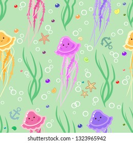 seamless pattern in cartoon style which draws lejjyfish and sea stars and pearls and aseaweed