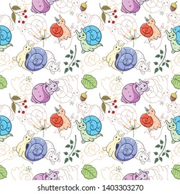 seamless pattern in cartoon style which draws snails and berry and leaves and acorns.