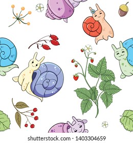 seamless pattern in cartoon style which draws snails and berry and leaves and acorns.