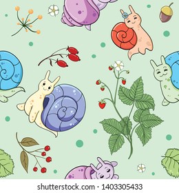 seamless pattern in cartoon style which draws snails and berry and leaves and acorns.