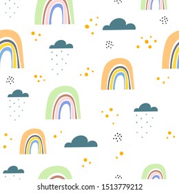 Seamless pattern with cartoon stylized rainbows, clouds, rain, decor elements, dots. vector. hand drawing. Childish design. Funny ornament can be used in textiles, fabric, wrapping paper.