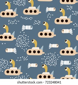 Seamless pattern with cartoon submarine and fishes . Childish texture for fabric, textile. Vector background