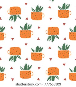 Seamless pattern with cartoon succulents in pots and triangles. Cute vector illustration for your design.