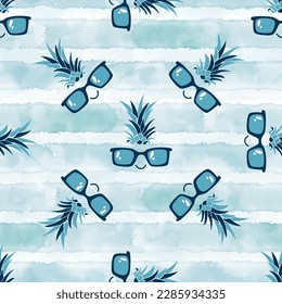 Seamless pattern with cartoon summer character on blue watercolor background. Vacation background. Vector illustration.  Perfect for wallpaper, wrapping, fabric and textile. 