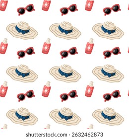 Seamless pattern with cartoon summer hat, sunglasses and SPF sunscreen. Beach-themed vector background for seasonal designs