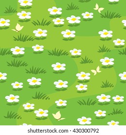 Seamless pattern cartoon summer meadow with flowers and butterflies. Vector illustration