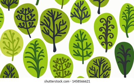 Seamless pattern with cartoon summer trees in rich green tones on white background. Creative print. Hand-drawn forest texture. Collection of tree icons. Vector illustration.