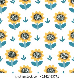 seamless pattern with cartoon sunflower. vector flat style. nature theme. hand drawing. design for fabric, textile, wrapper, print