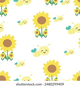 Seamless pattern with cartoon sunflowers and bees, for fabric prints, textiles, gift wrapping paper. children's colorful vector, flat style
