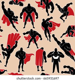 Seamless pattern with cartoon superhero in 14 different action poses. 