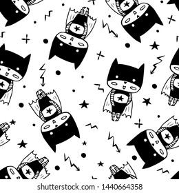 Seamless pattern with cartoon superheroes in black costumes. Cute animals. Can be used for invitation cards and drawing poster, T-shirt Print and cartoon character.