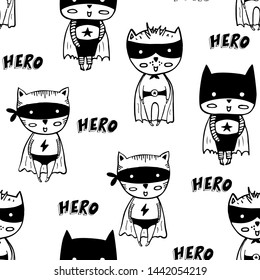 Seamless pattern with cartoon superheroes in black costumes. Cute animals. Can be used for invitation cards and drawing poster, T-shirt Print and cartoon character.