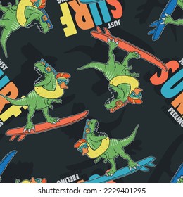 Seamless pattern of a cartoon surfer dinosaurs and typography  background elements