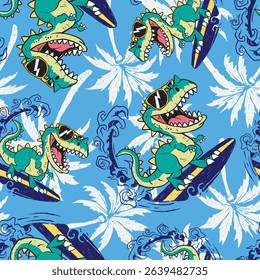 Seamless pattern with cartoon surfing dinosaur, tropical palm trees and waves. Fun summer kids textile design. Perfect for boys beachwear, swimwear, t-shirts, and fabric prints.