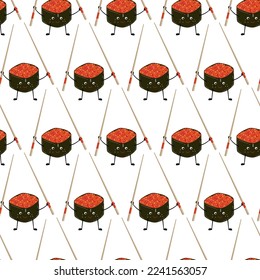 Seamless pattern with cartoon sushi with caviar and chopsticks