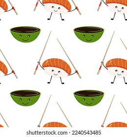 Seamless pattern with cartoon sushi, chopsticks and soy sauce