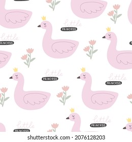 Seamless pattern with cartoon swan. Flat style colorful vector illustration for kids. hand drawing. baby design for fabric, textile, print, wrapper.