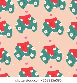Suéter inconsútil de la historieta del modelo con la impresión de la flor y la bufanda Dibujo lindo de la moda para el papel del abrigo del Fondo de pantalla y del regalo