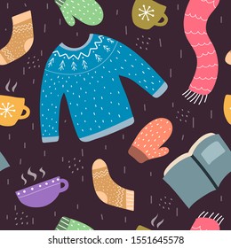 Seamless pattern with cartoon sweater, socks, cups, scarf, mittens, book, decor elements on a neutral background. vector. hand drawing. clothes. design for fabric, textile, wrapper