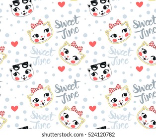 Seamless pattern, Cartoon sweet cat girl on polka dots background illustration vector.