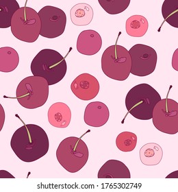 seamless pattern with cartoon sweet cherry, cranberries and lingonberries on a pink background. flat design. fruit theme. for packaging, paper, fabric. print for clothes